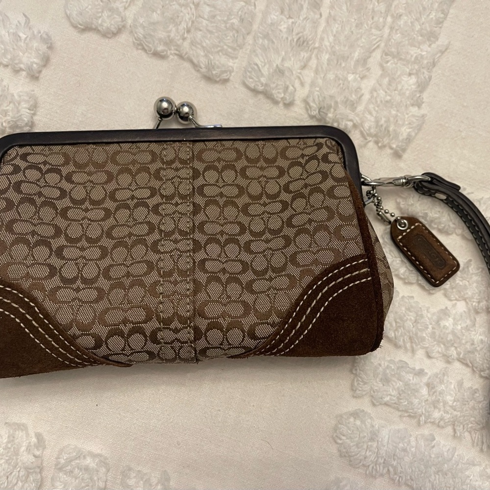 Coach Brown Suede Signature Kiss Lock Wristlet / Clutch, vintage, Y2K